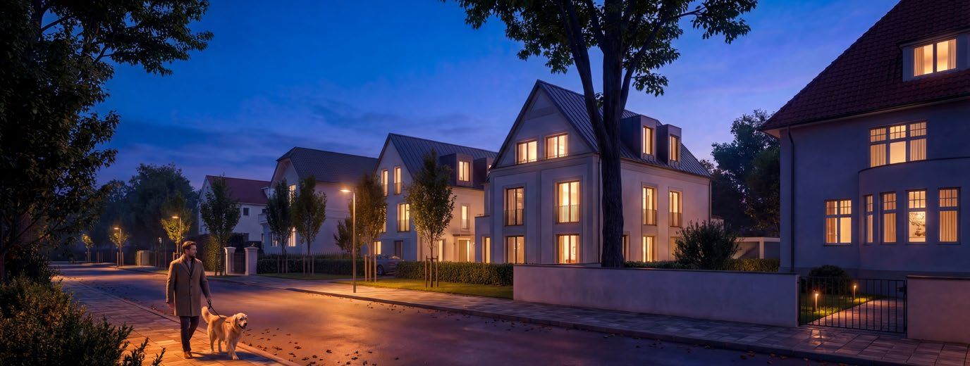 Amtstraße am Abend mit beleuchteten Fenstern