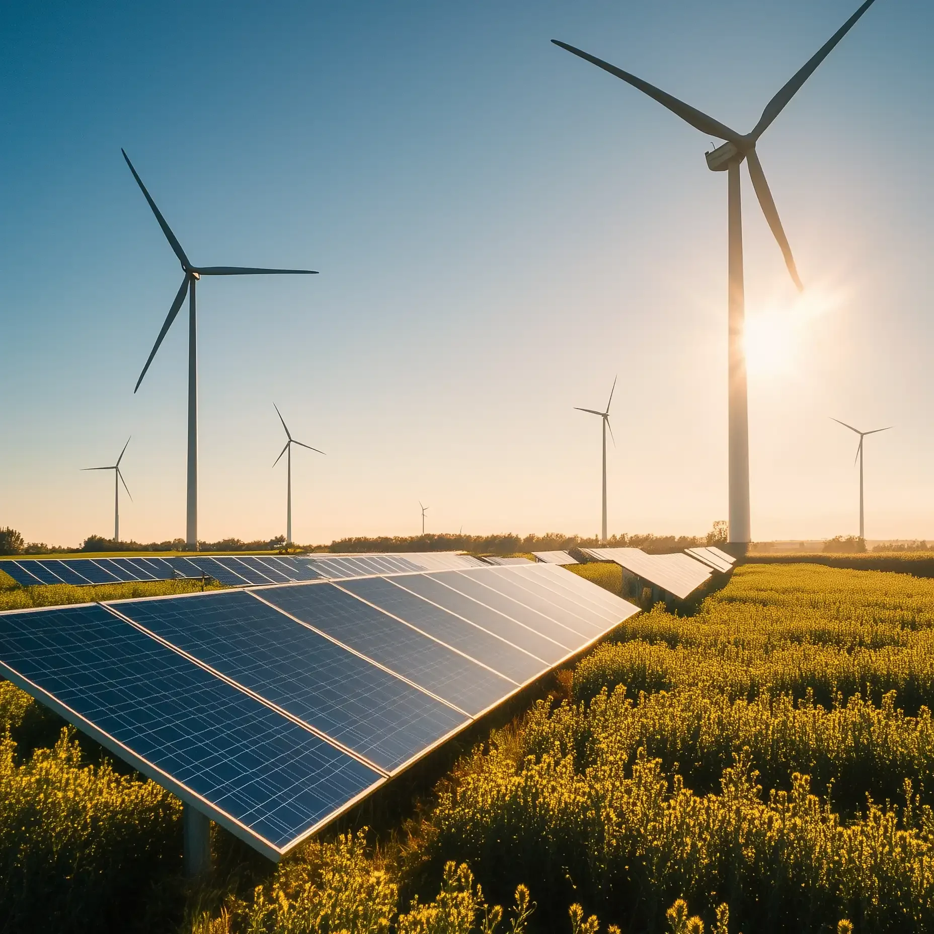 Solarpark mit Windrädern in einem blühenden Feld im Gegenlicht