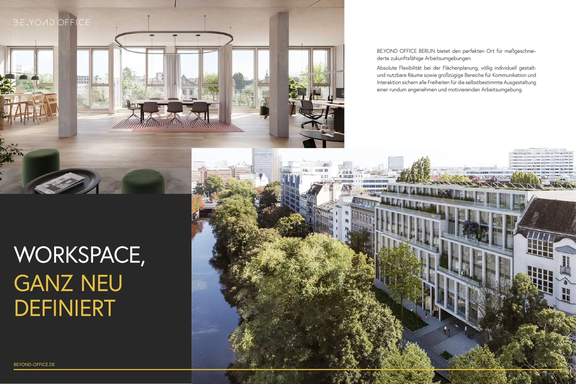 Broschürenseite Workspace mit Innenraum und Luftbild