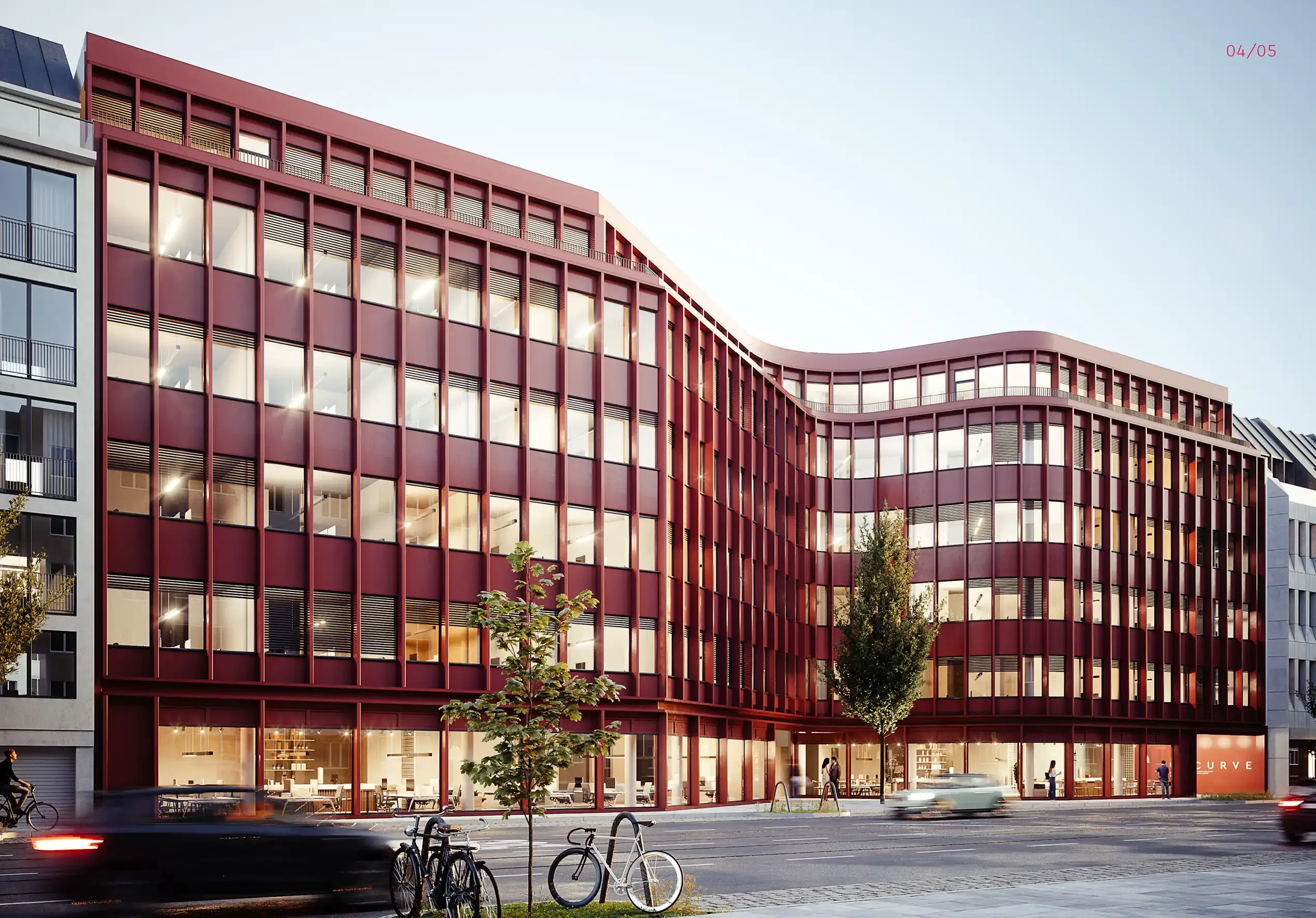 Broschürenseite mit Visualisierung der Fassade am Abend