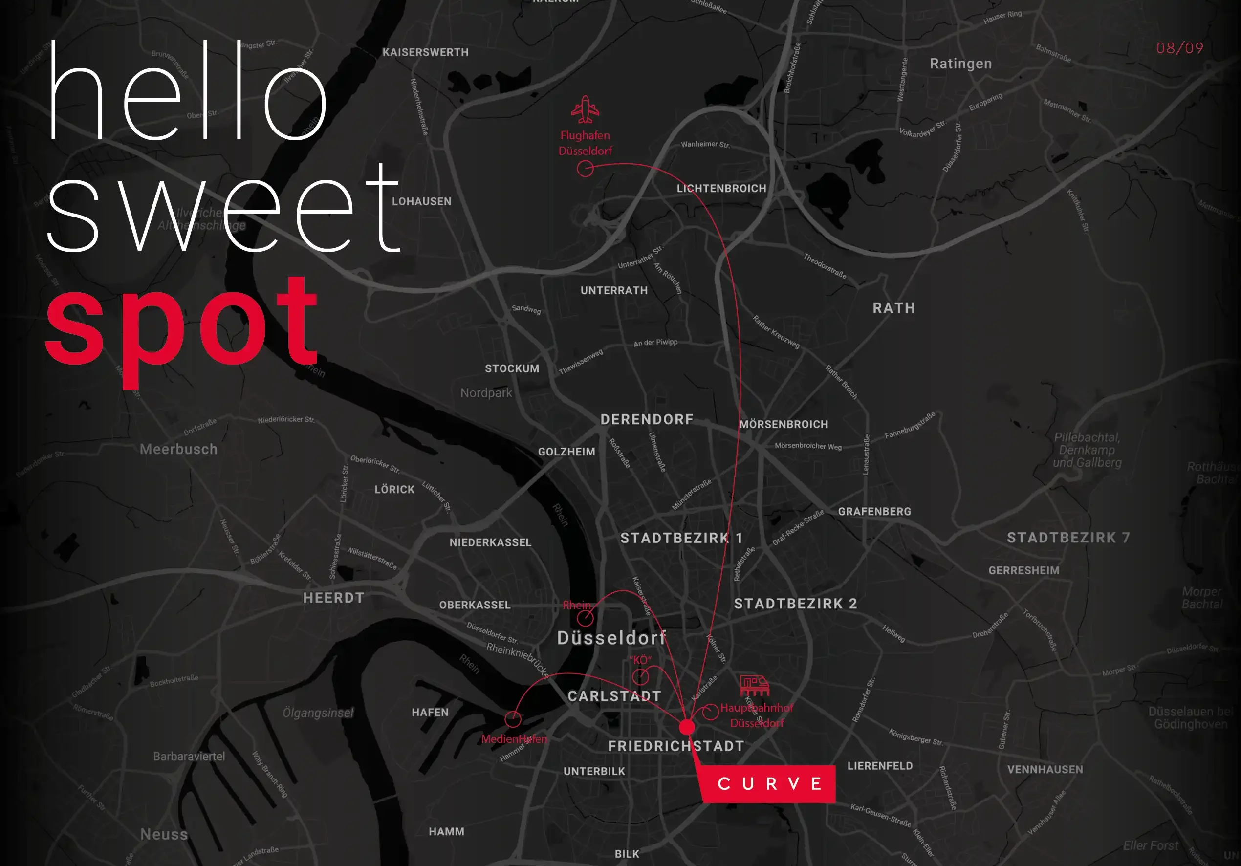 Broschürenseite Hello sweet spot mit Stadtkarte und Verbindungen