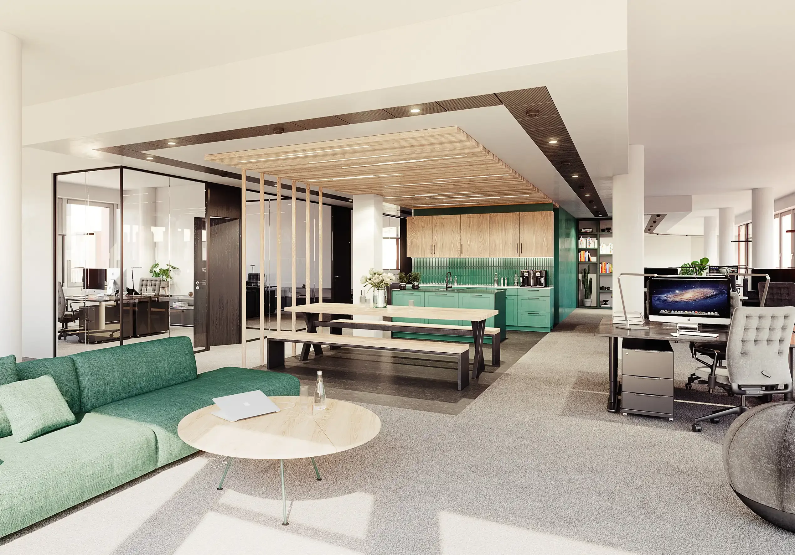 Visualisierung einer Bürofläche mit Küche, Lounge und Arbeitsplätzen