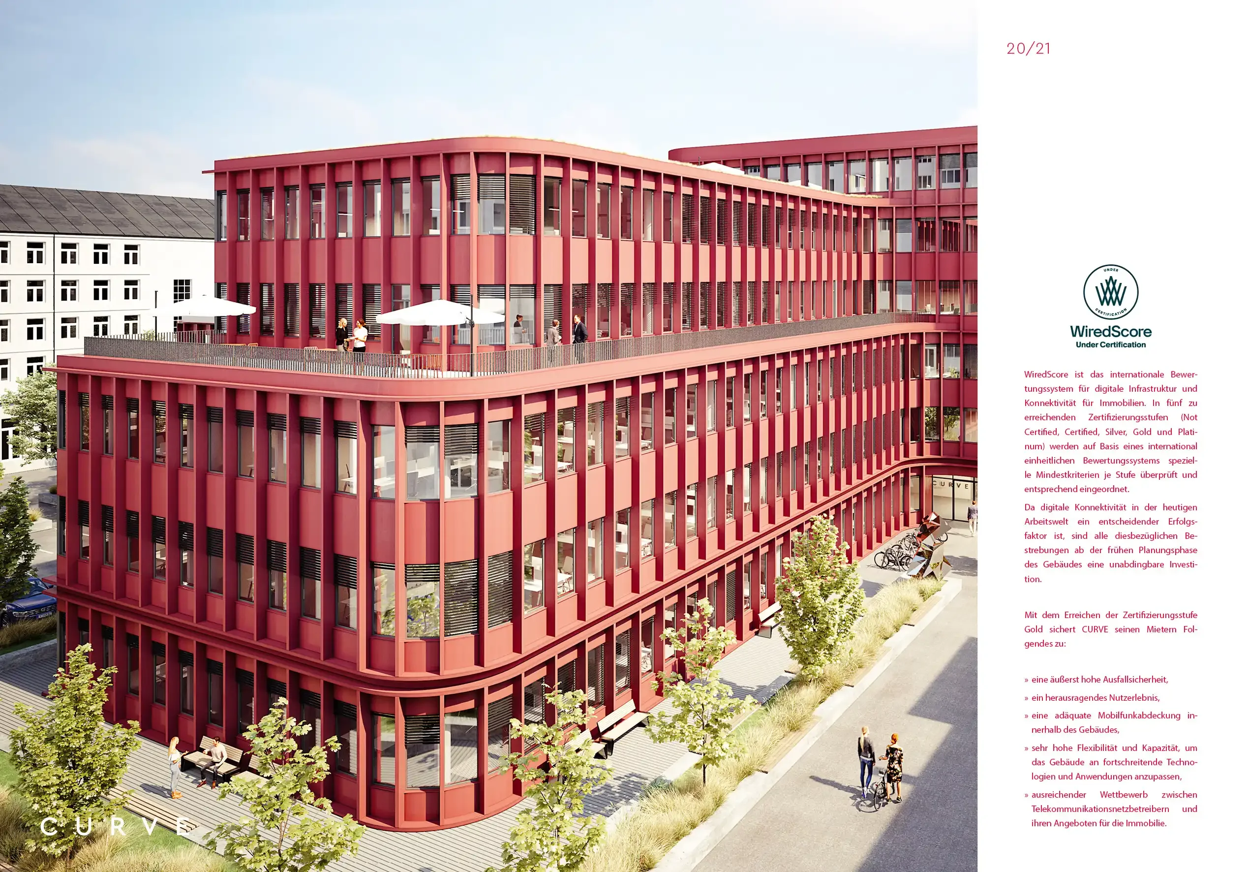 Broschürenseite mit Visualisierung der Dachterrasse und WiredScore-Zertifizierung