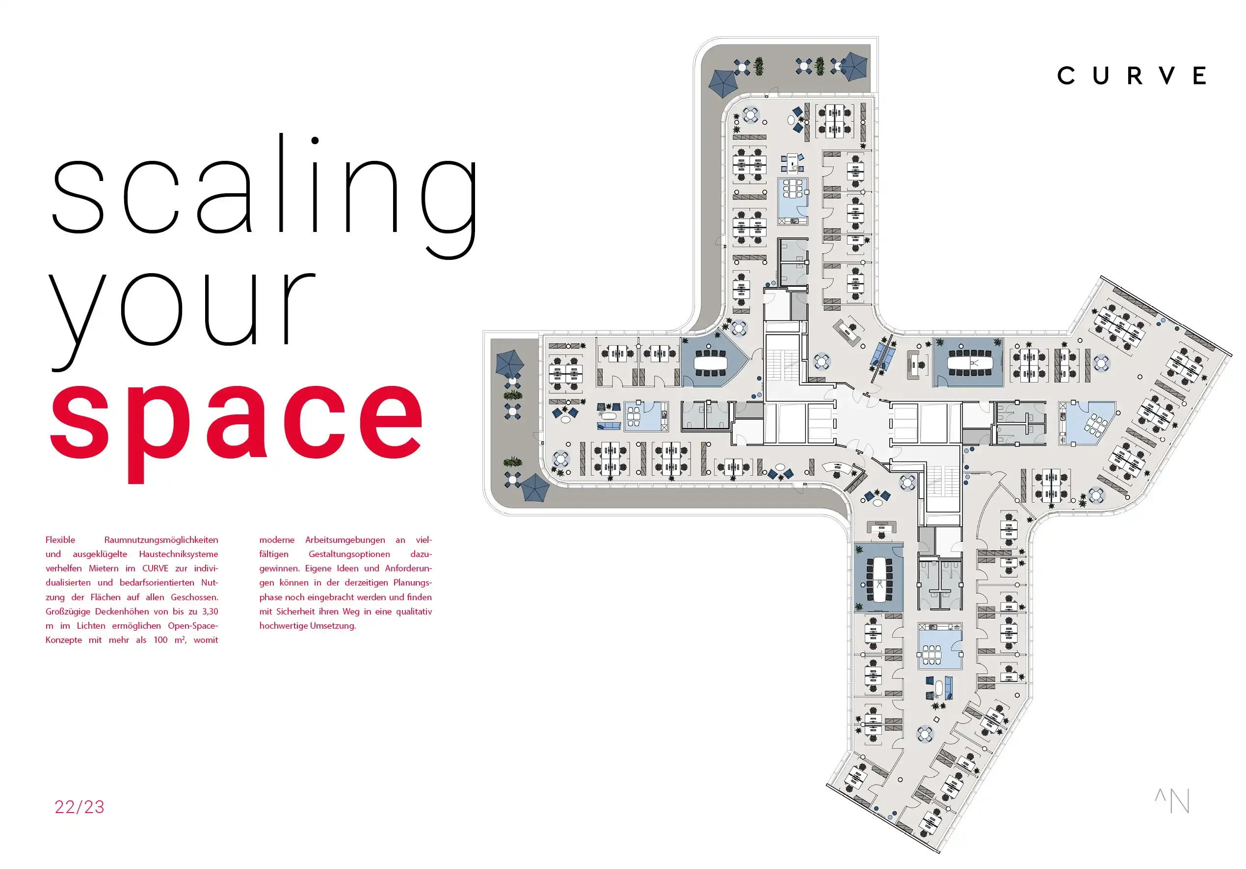 Broschürenseite Scaling your space mit Grundriss eines Regelgeschosses