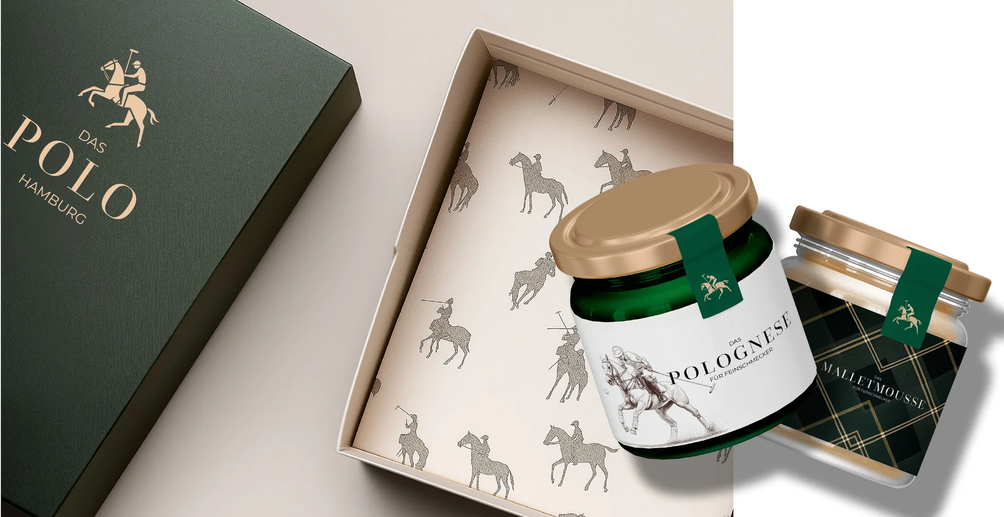 Cateringbox und Gläser mit Logo und Reiter-Muster
