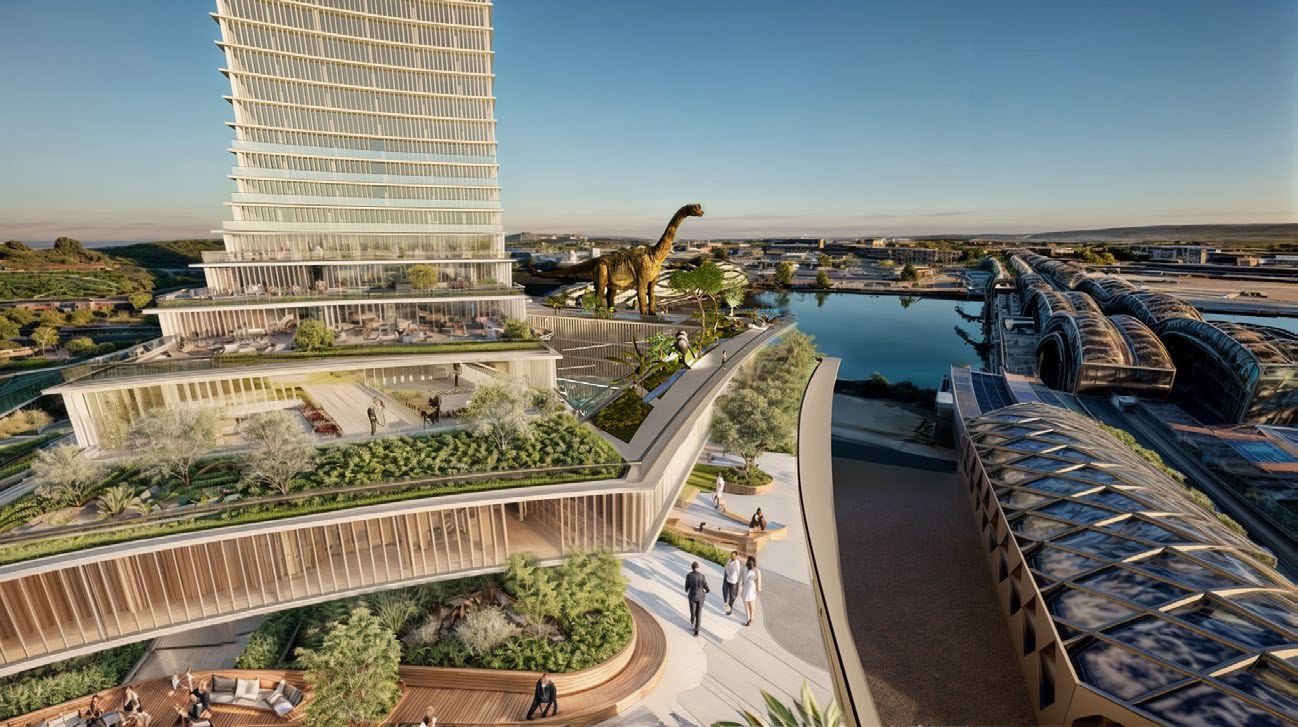 Begrünte Terrassen am Fuß des Elbtowers