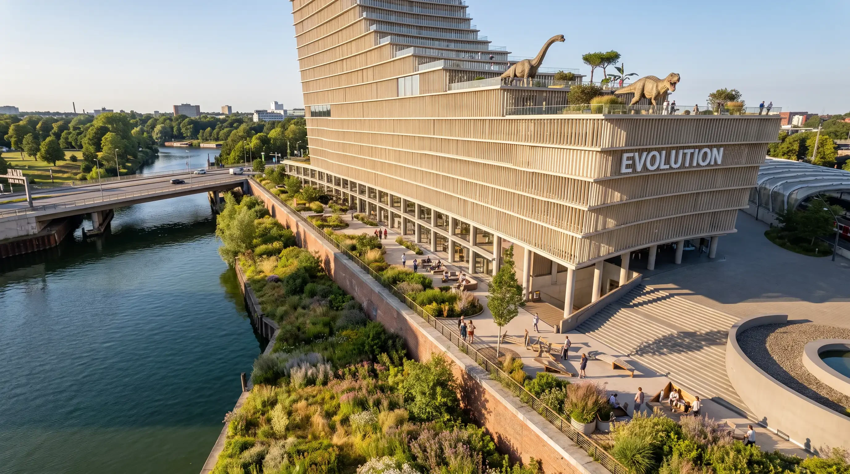Elbtower am Wasser mit begrünter Promenade, Treppenanlage und Dachterrasse