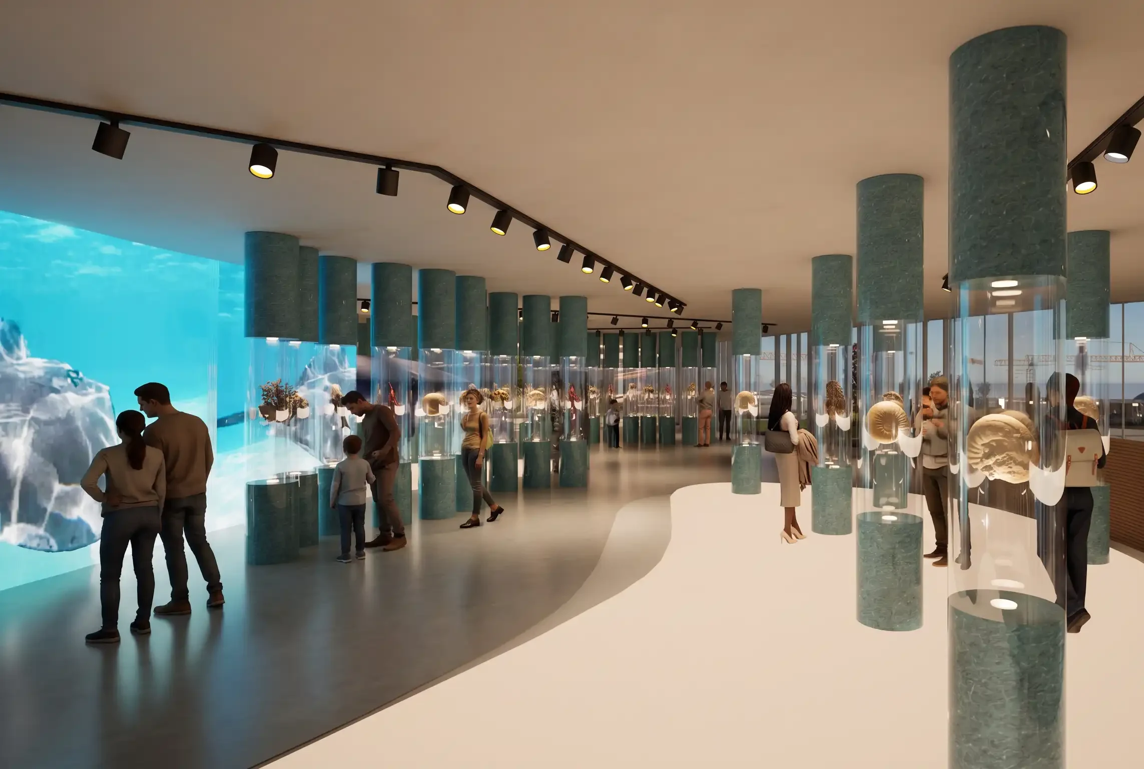 Ausstellungshalle mit Vitrinensäulen und Medienwand