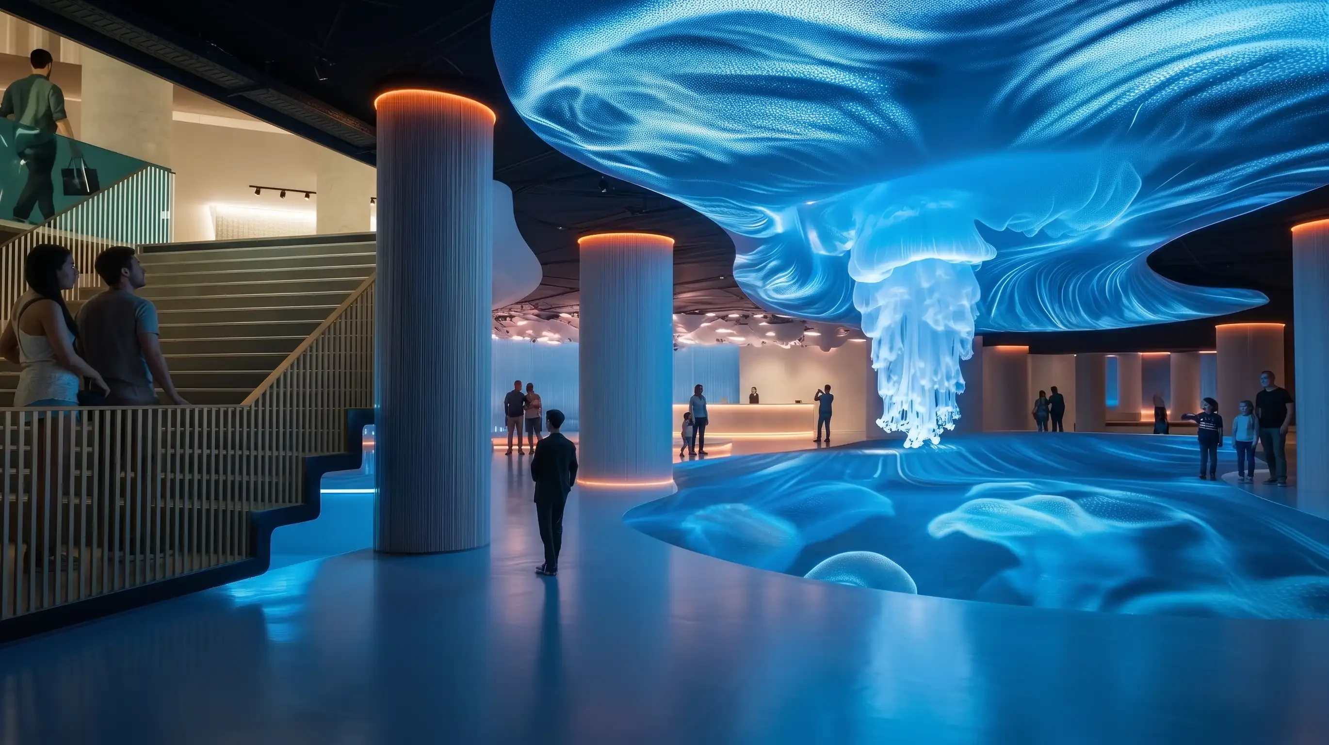 Foyer mit großer Medieninstallation und beleuchteten Säulen