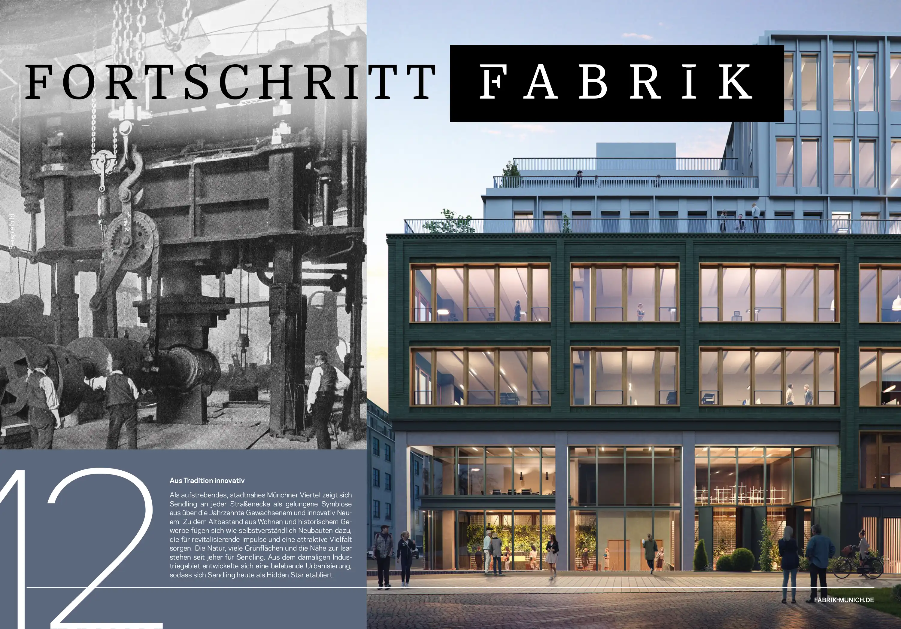 Broschüre Fabrik, Doppelseite Fortschritt mit historischer Aufnahme und Fassade