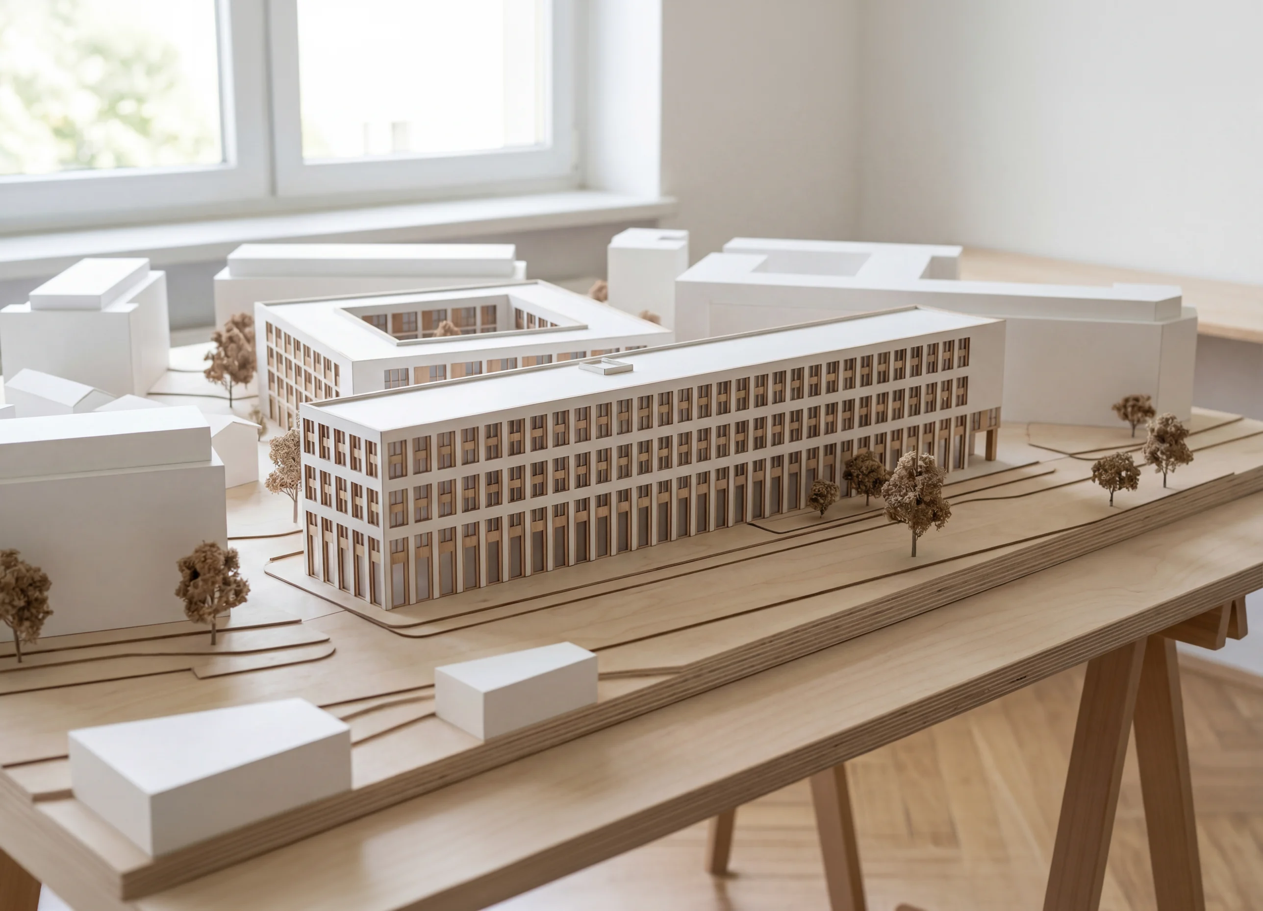Architekturmodell des Quartiers aus Karton und Holz auf einem Tisch