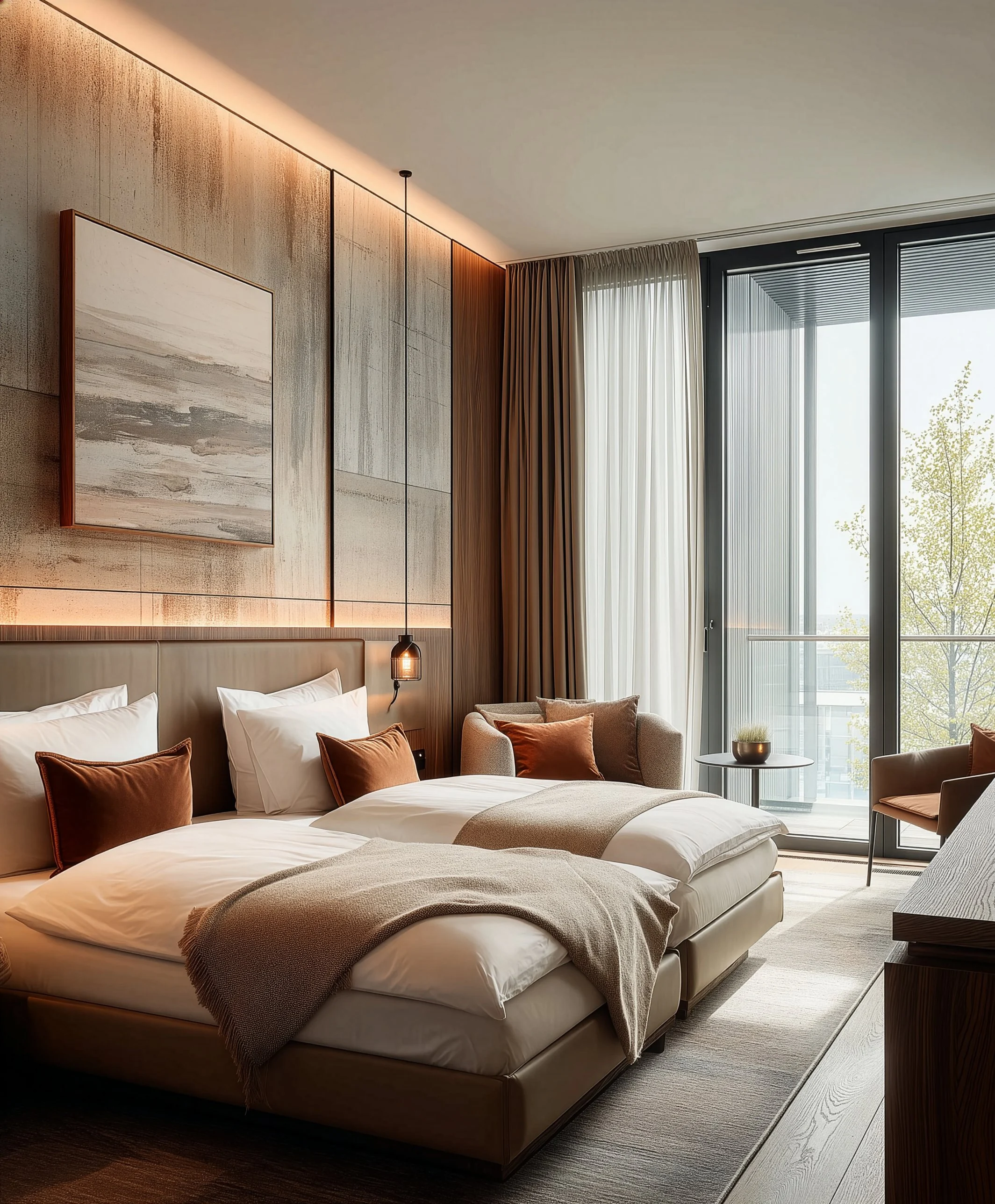 Hotelzimmer mit zwei Betten, warmem Licht und bodentiefem Fenster