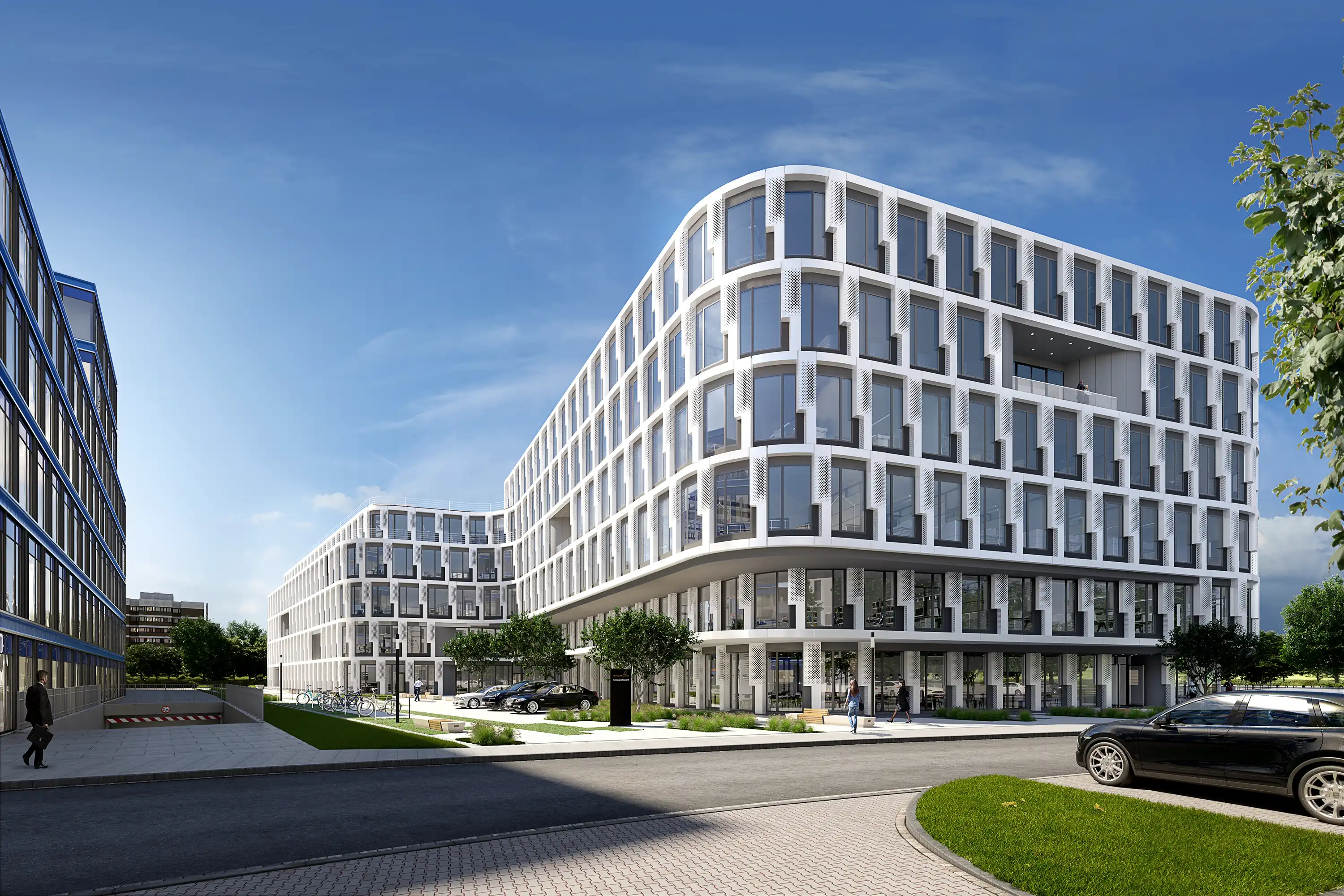 Visualisierung des Bürohauses Infinity Office in Düsseldorf mit geschwungener weißer Fassade