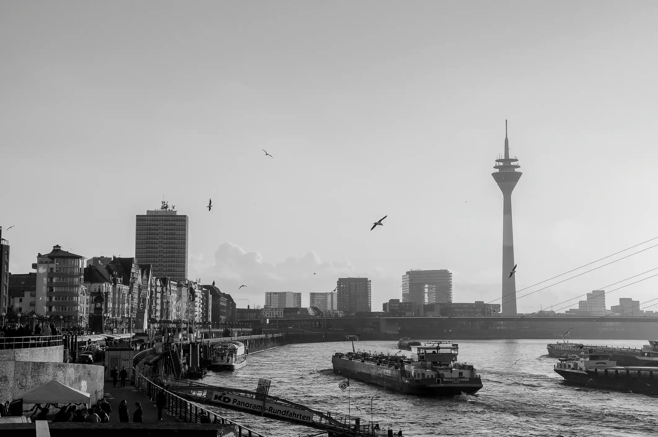 Schwarzweißaufnahme der Düsseldorfer Rheinpromenade mit Rheinturm