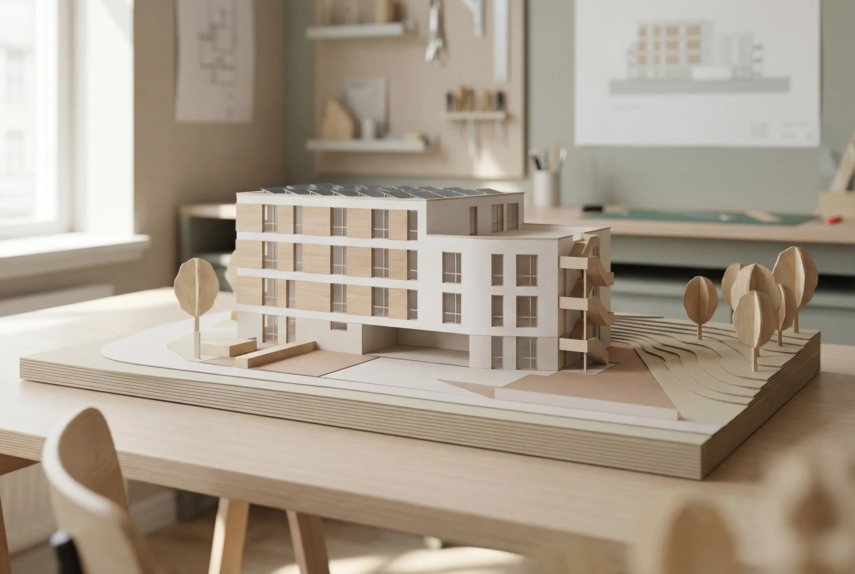 Architekturmodell der Sozialimmobilie aus Holz und Karton auf einem Werkstatttisch