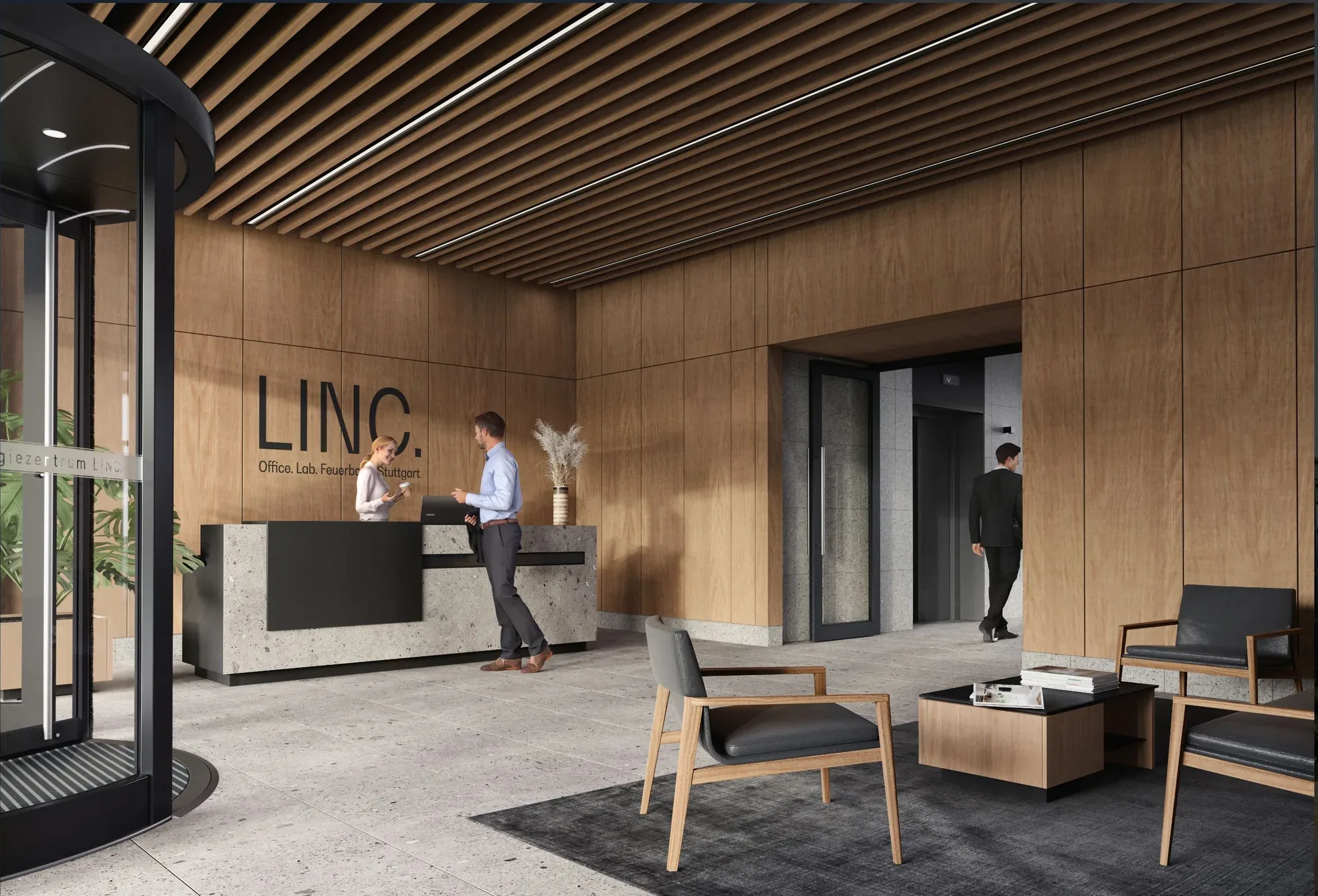 Visualisierung der Lobby mit Empfang und LINC. Schriftzug
