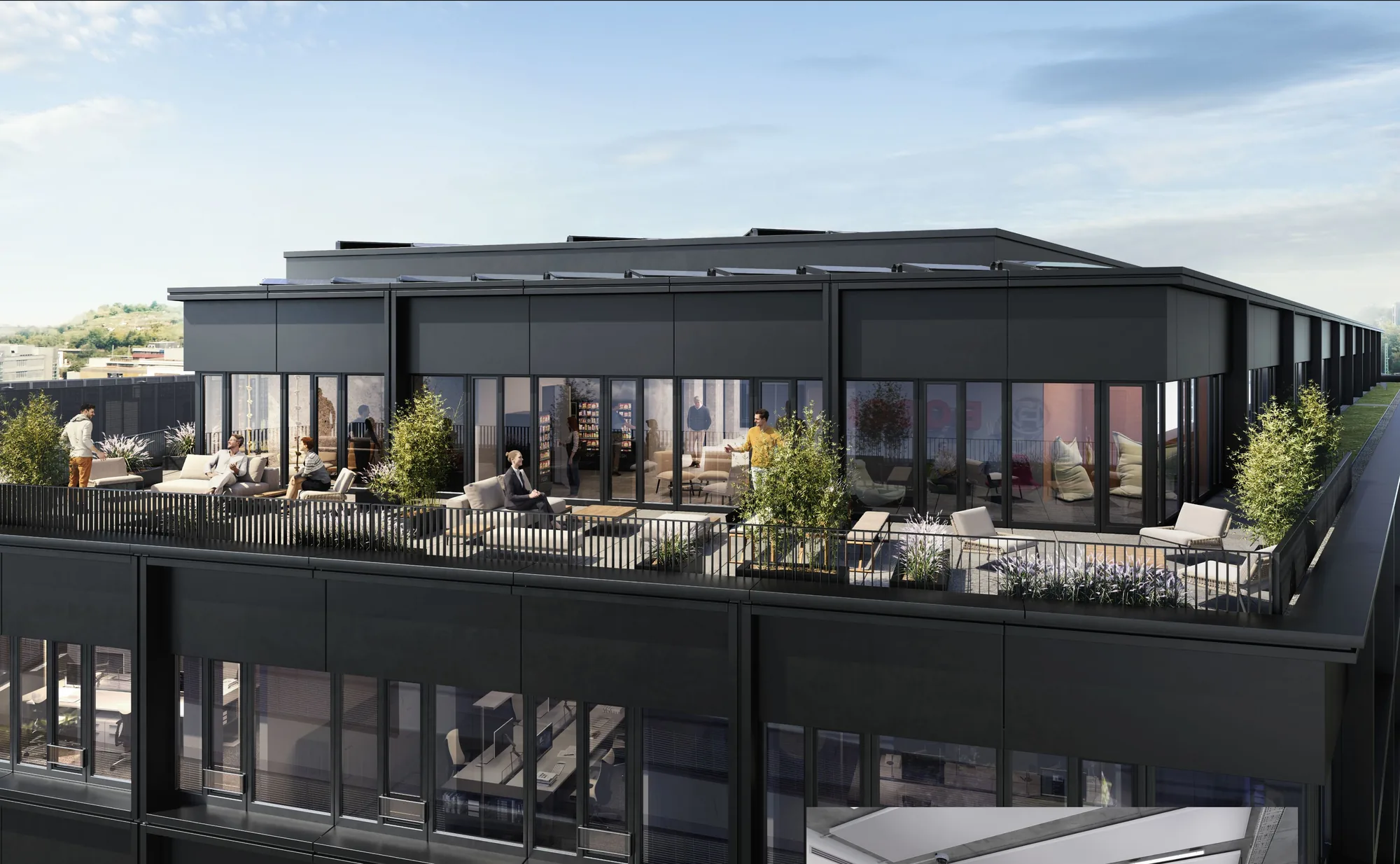 Landingpage LINC., Dachterrasse in der Visualisierung