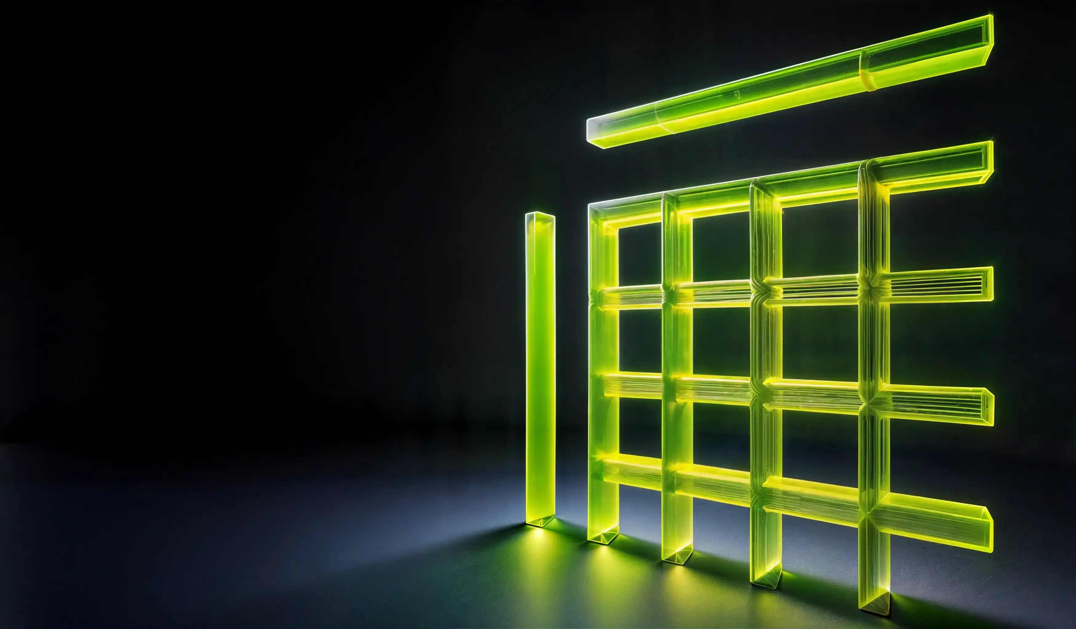 Leuchtendes Raster aus fluoreszierendem Lime-Green-Acryl auf schwarzem Grund