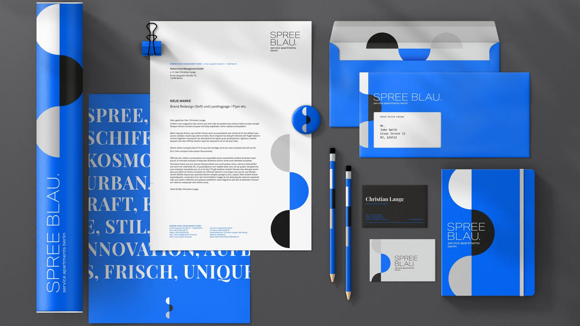 Geschäftsausstattung Spreeblau mit Briefbogen, Umschlägen, Notizbuch und Visitenkarten