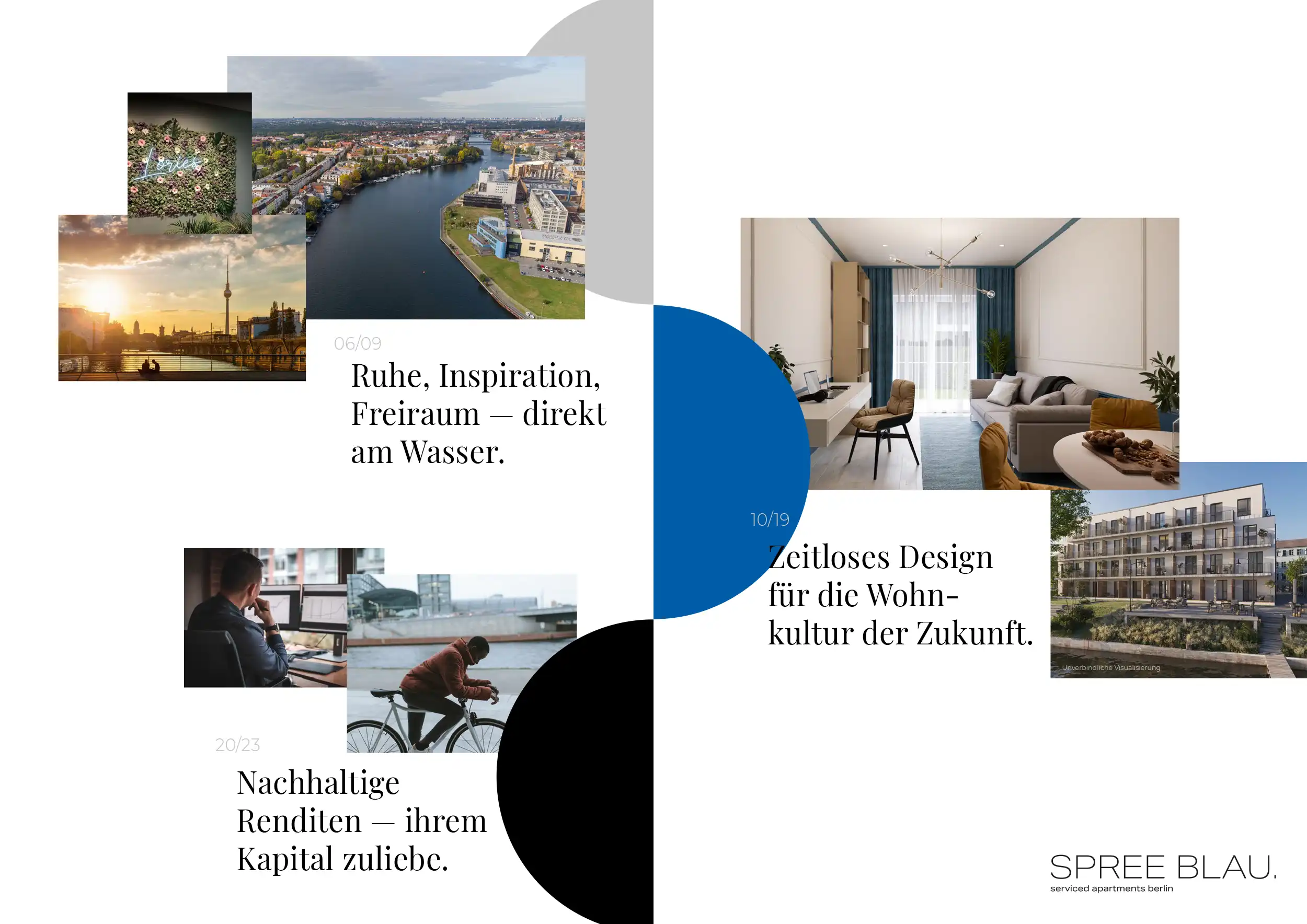 Broschüre Spreeblau, Doppelseite Ruhe, Inspiration, Freiraum