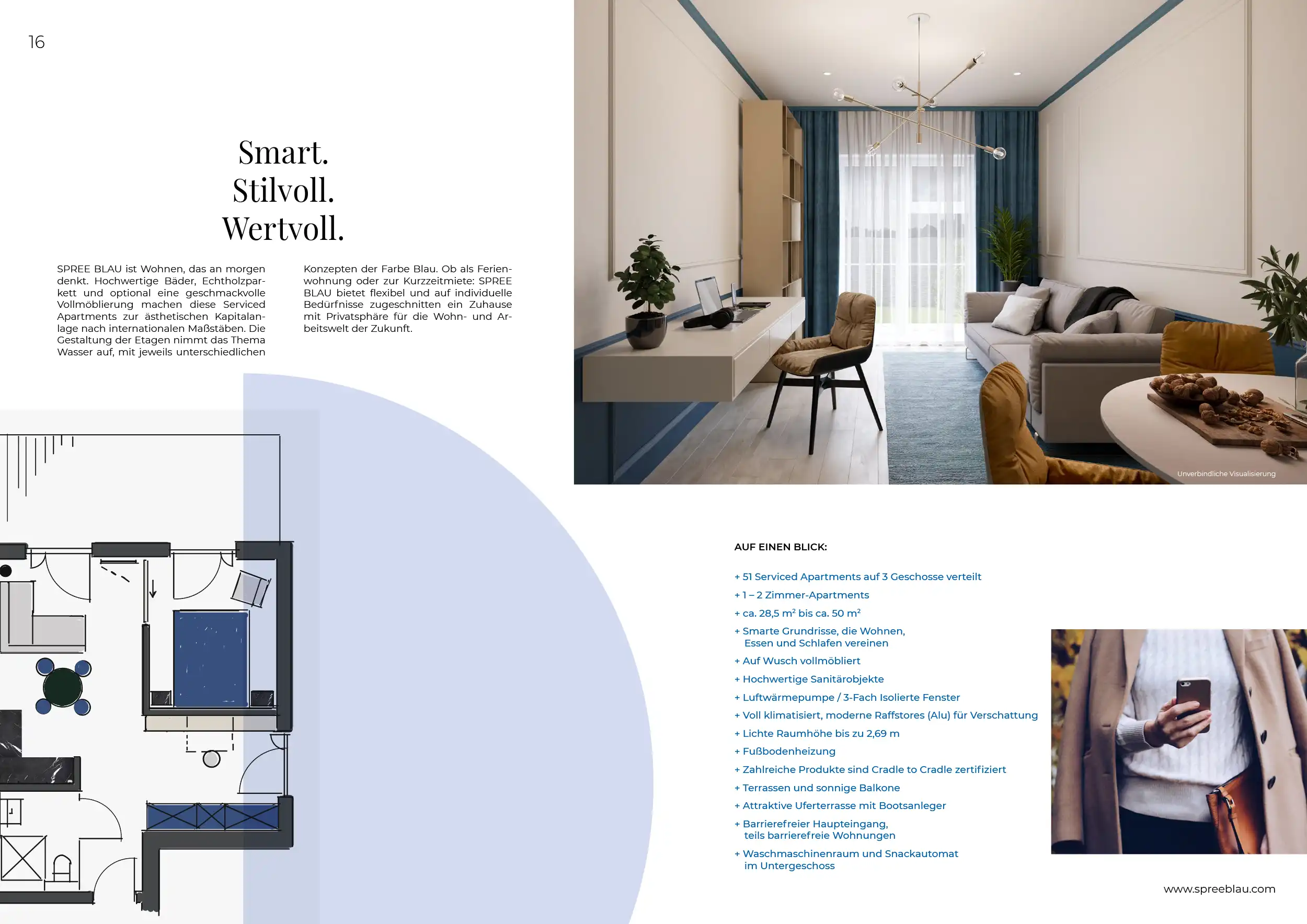 Broschüre Spreeblau, Doppelseite Smart. Stilvoll. Wertvoll.