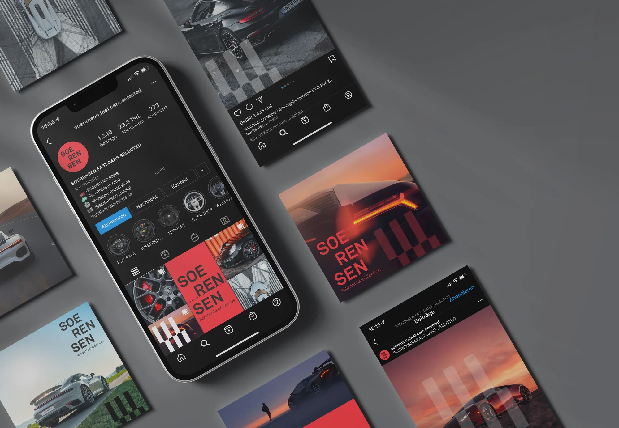 Instagram-Kanal auf Smartphone mit Beiträgen in Rot und Schwarz