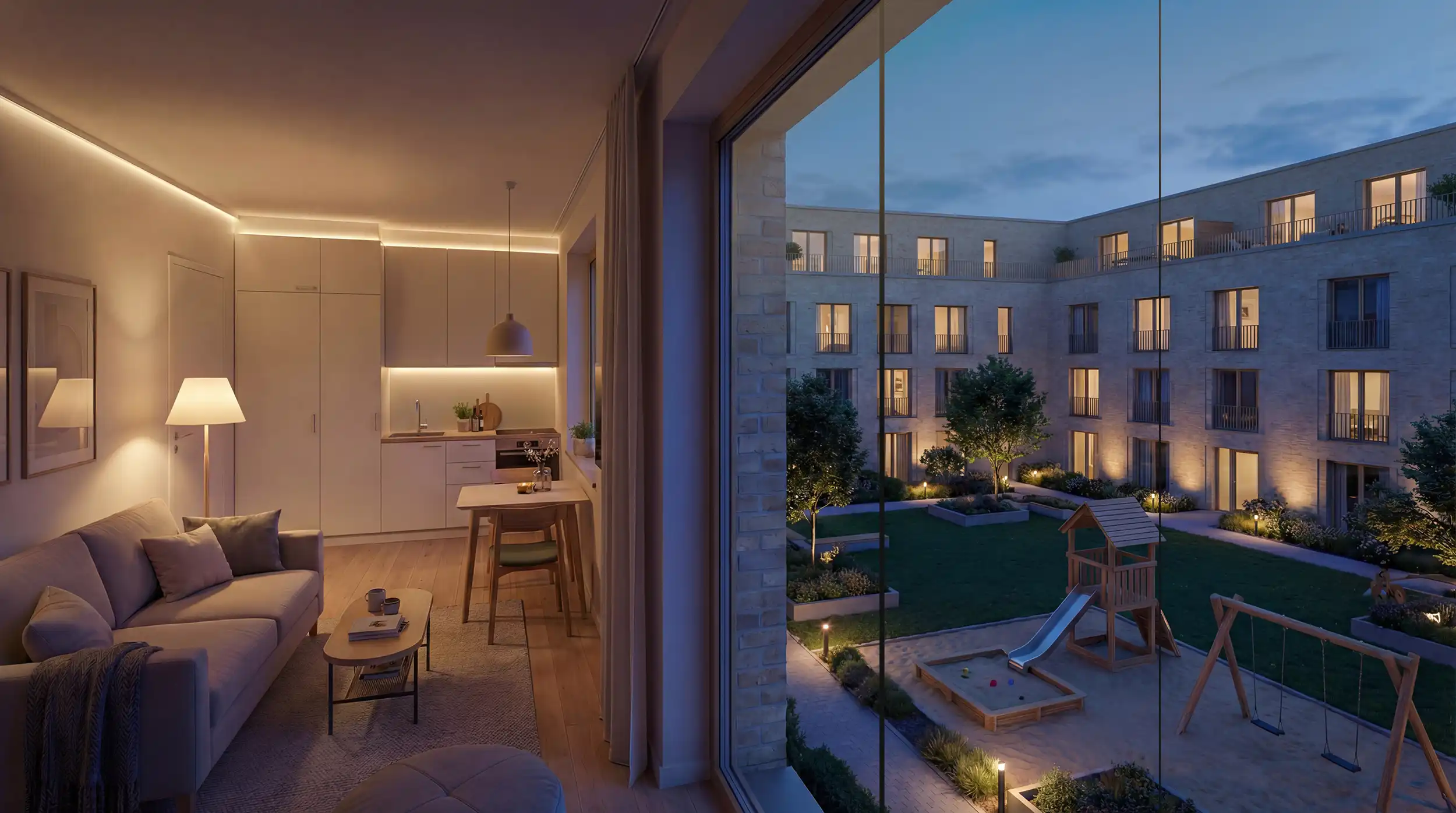 Apartment am Abend mit Küchenzeile und Blick auf den beleuchteten Innenhof