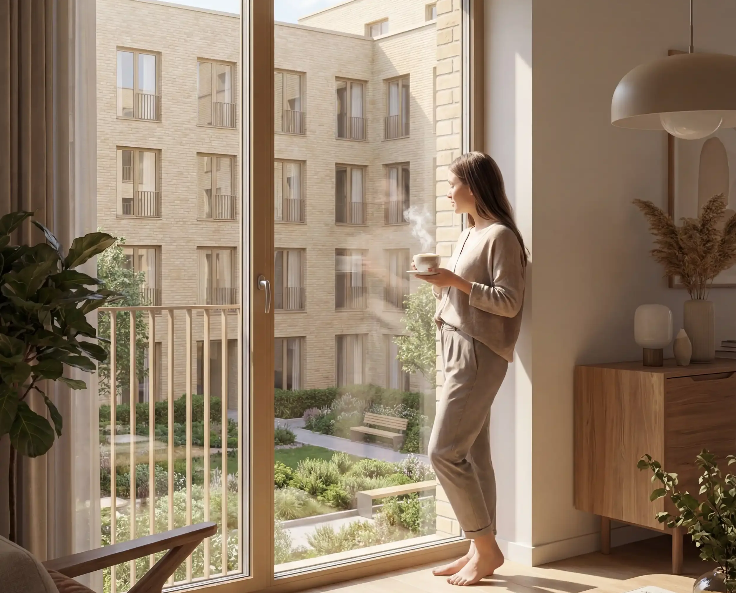 Frau mit Kaffeetasse am bodentiefen Fenster mit Blick in den begrünten Hof