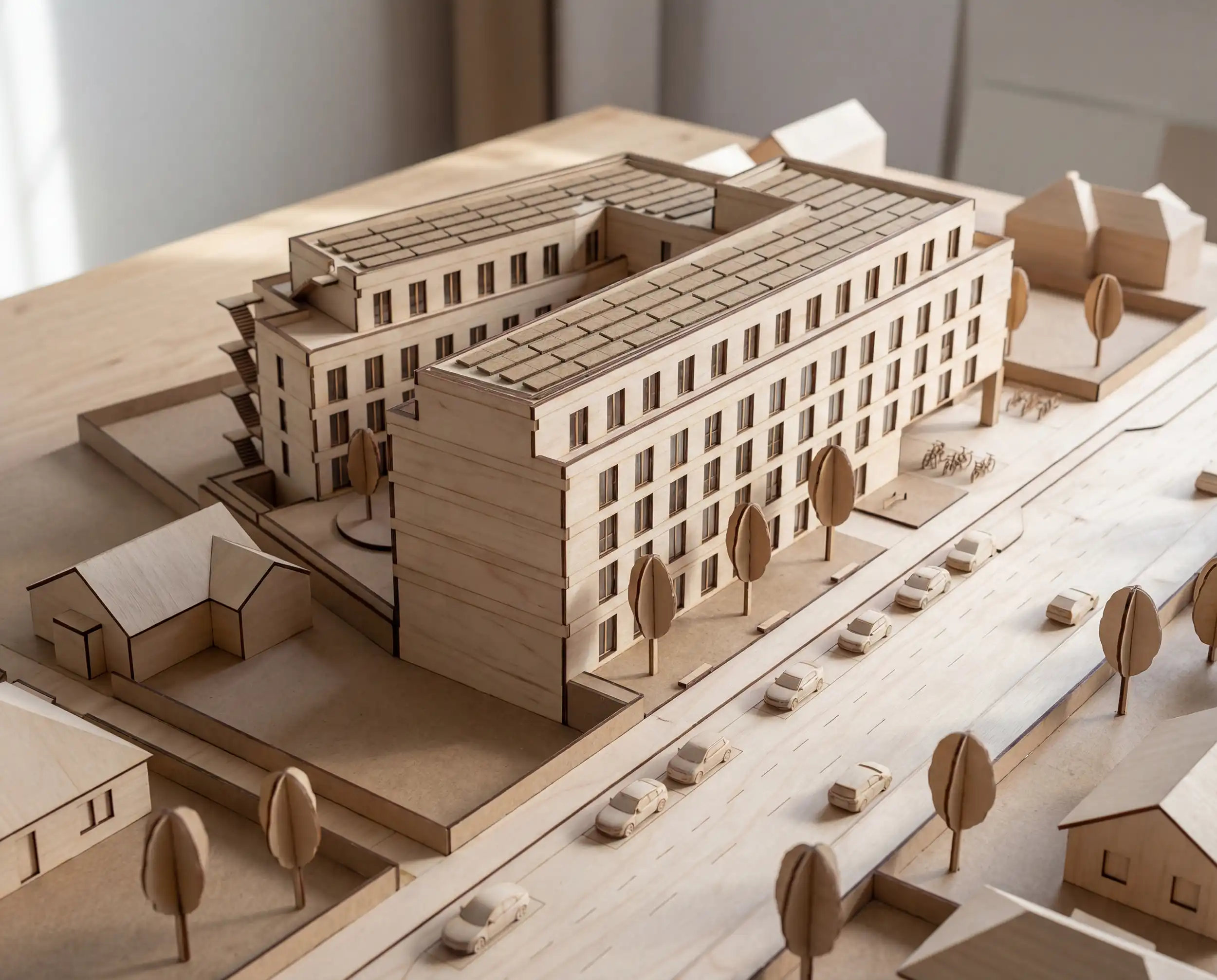 Architekturmodell aus Holz mit Straße und Nachbarhäusern