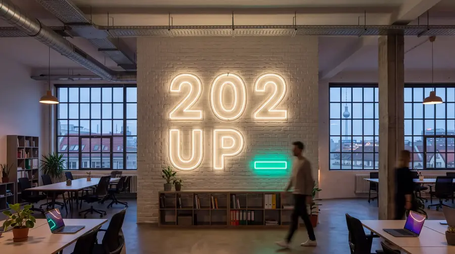 Neonschriftzug 202UP an einer weißen Backsteinwand in einem Berliner Loft-Büro