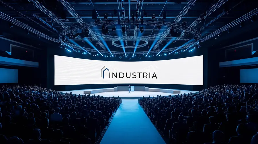 INDUSTRIA Logo auf einer Konferenzbühne