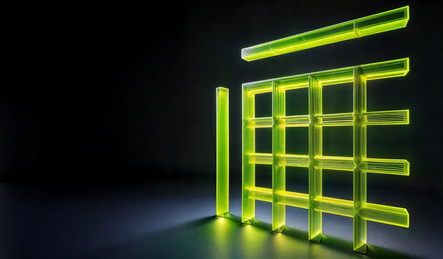 Leuchtendes Raster aus fluoreszierendem Lime-Green-Acryl auf schwarzem Grund