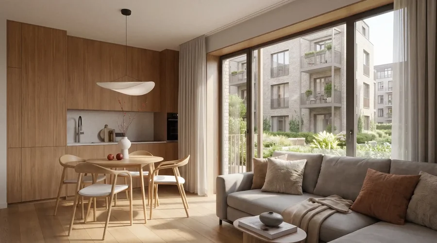 Wohnraum mit Holzküche, Esstisch und großem Fenster zum begrünten Hof